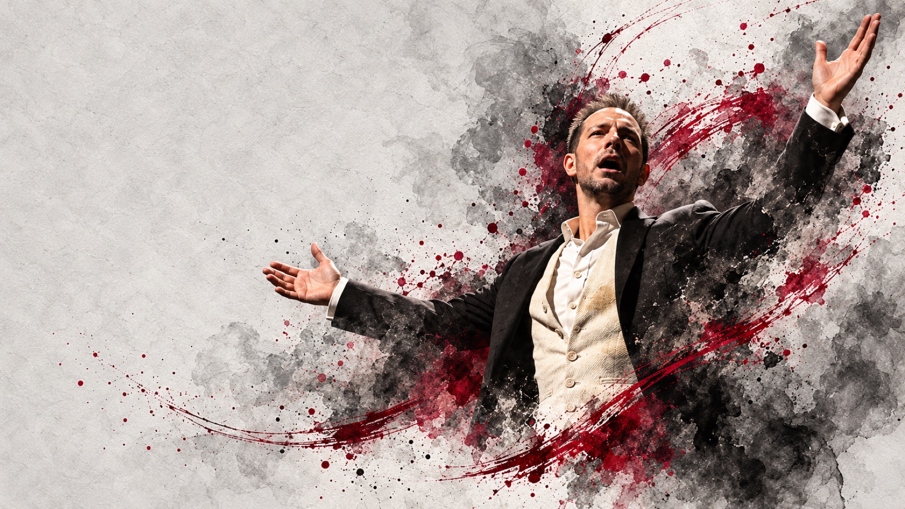 An expressive stage portrait of Derek Rue, surrounded by grey ink and sweeping garnet marks.